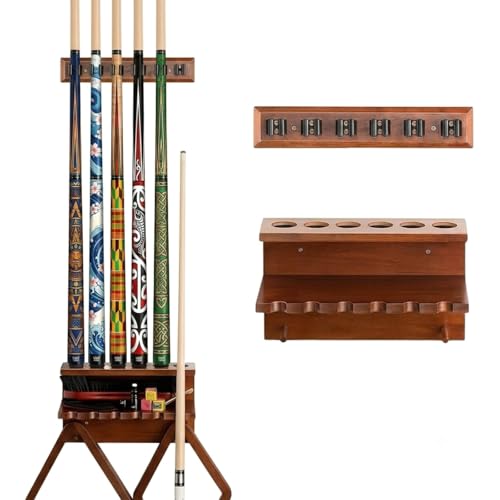 SUPERDIAMOND Hardwood Pool Cue Rack Wall Mount, 6 Pool Stick Holder with Accessory Storage Shelf & Triangle Hooks, Adjustable 2-Piece Space Saving Billiard Organizer for Game Room, Man Cave,Brown - size: 6 Cues, style: SU-wa6-Cue Racks-brown2