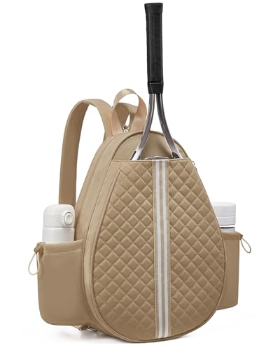 Sucipi Tennis Bag, Quilted Tennis Sling Crossbody Backpack, Water Resistant Tennis Racket Bags for Women Men, Suitable for Pickleball Tennis Badminton - color: Khaki, size: Medium