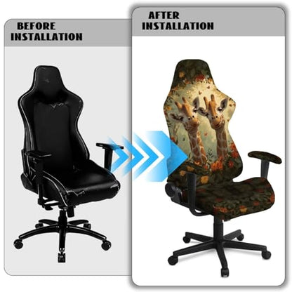 Suobstales Giraffe Butterfly Flower Pattern Office Chair Cover with Armrest Covers, Stretch Gaming Computer Chair Seat Cover Slipcovers Rotating Armchair Covers Thick High Back Office Seat Cover - color: Giraffe Butterfly Flower