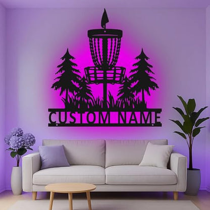Custom Disc Golf Basket Led Light Metal Wall Art Personalized Gift for Disc Golfers Outdoor Sports Decor
