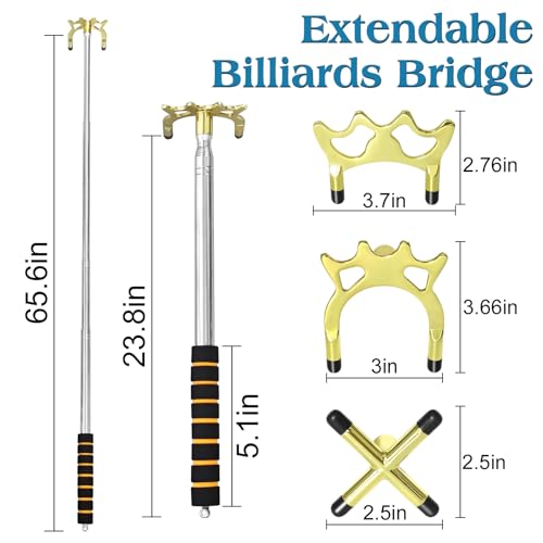 Retractable Pool Cue Bridge Stick Set with 3 Removable Brass Bridge Heads Snooker Billiards Stick Bridge Pool Table Accessories Adjustable Pool Cue Rest for Precision