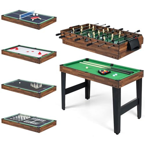 GYMAX Multi Game Table, 10 in 1 Combo Game Table w/Foosball Table, Hockey, Pool Table, Ping Pong, Shuffleboard, Bowling & 4 Board Games, Game Tables for Game Room, Home, Family - color: Wood Grain