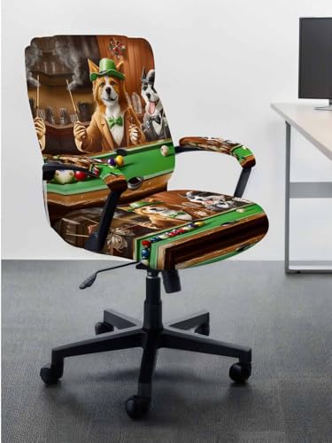 Animal Playing Billiards Office Chair Cover with Armrest Covers, Abstract Dog Universal Stretch Desk Rotating Chair Slipcovers, Board Games Removable Seat Protector with Zipper, L - color: Dark Green Brown, size: Large & 2PCS Armrest Covers