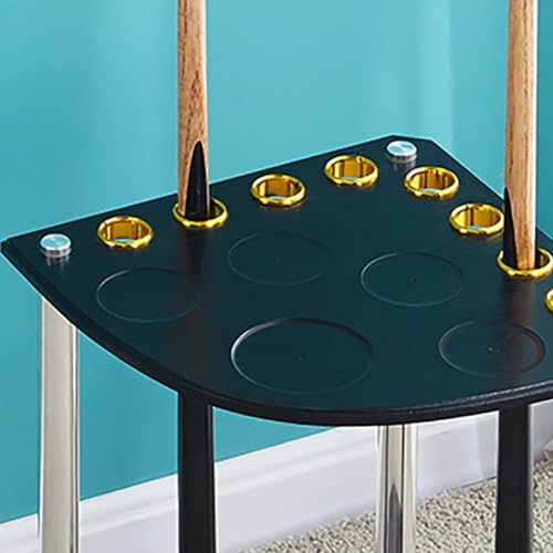 8-Cue Pool Rack Floor Stand – Wooden Freestanding Billiard Stick Holder with Ball & Drink Storage, White/Walnut/Black