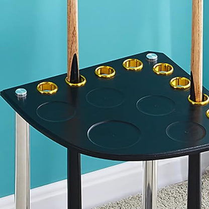 8-Cue Pool Rack Floor Stand – Wooden Freestanding Billiard Stick Holder with Ball & Drink Storage, White/Walnut/Black