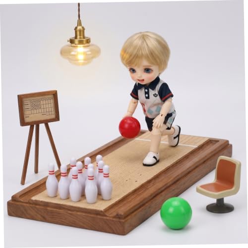 Mini Bowling Set, 10 Mini Bowling Pins & 2 Balls Plastic Dollhouse Accessories for DIY Scene Landscape Set