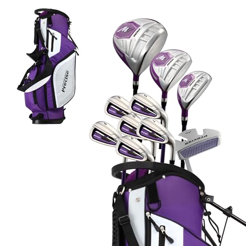 Precise M5 Women’s Golf Clubs Set – Complete Right-Handed Set with Titanium Driver, S.S. Fairway & Hybrid, 5-PW Irons, Putter, Stand Bag & Headcovers – Graphite Shafts – Purple – Petite/Standard/Tall - size: Left Hand Petite Size