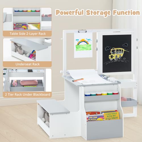 INFANS 3 in 1 Kids Art Table and Chair Set, Toddler Craft and Play Wood Activity Desk with Double-Sided Easel Blackboard Whiteboard, Paper Roll for Writing, Children Furniture for Daycare Nursery - style: Grey