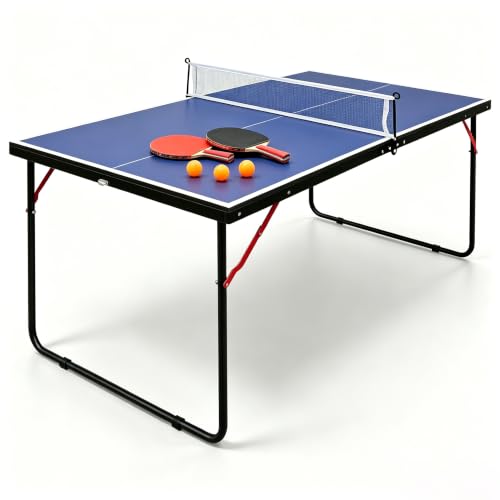 RAKON Foldable Table Tennis Table Portable Ping Pong Table with Net 2 Paddles,3 Balls,Portable Ping Pong Family Game Tables for Outdoor Indoor Use, Blue