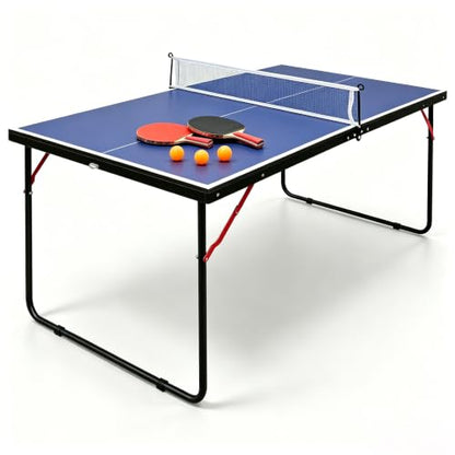 RAKON Foldable Table Tennis Table Portable Ping Pong Table with Net 2 Paddles,3 Balls,Portable Ping Pong Family Game Tables for Outdoor Indoor Use, Blue