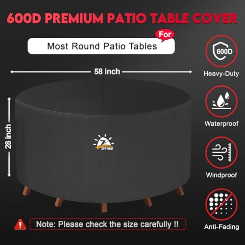 Zettum Round Patio Table Cover 58 Inch - 600D Outdoor Furniture Cover Round Waterproof & Heavy Duty, Lawn Furniture Set Covers for Outside Dining Table and Chairs Seating Combo - 58 x 58 x 28 Inch - size: 1) Round - 58"D x 28"H
