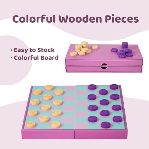 YOBRO Colorful Checkers Board Game, Portable Travel Checkers Set with Folding Board, Classic 2-Player Strategy Game for Family Fun, Family Game Night