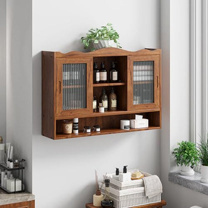 Retro Style Haze Two Glass Door Wood Wall Cabinet with Detachable Shelves for Office, Dining Room,Living Room, Kitchen and Bathroom - color: Brown(3)