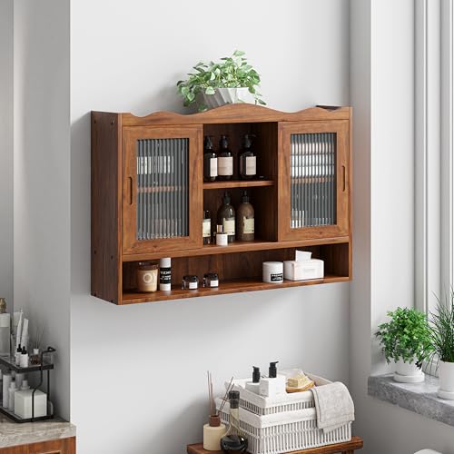 Retro Style Haze Two Glass Door Wood Wall Cabinet with Detachable Shelves for Office, Dining Room,Living Room, Kitchen and Bathroom - color: Brown(3)
