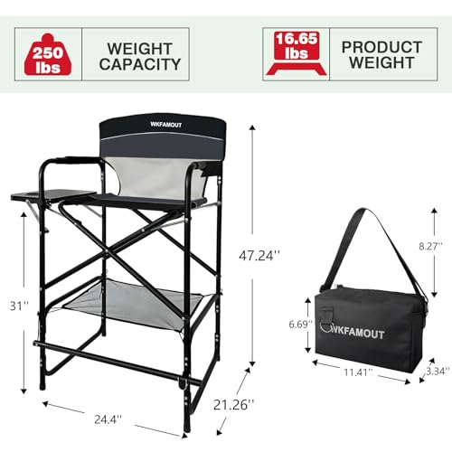 Tall Folding Director Chair 30.7" Seat Height Foldable Bar Stool for Makeup Artist Face Painting with Side Table Carry Bag and Cosmetic Bag Supports 250LBS - color: Black