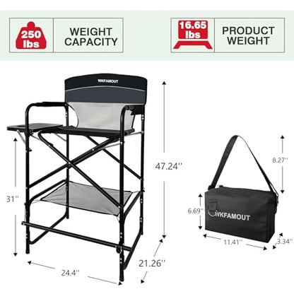Tall Folding Director Chair 30.7" Seat Height Foldable Bar Stool for Makeup Artist Face Painting with Side Table Carry Bag and Cosmetic Bag Supports 250LBS - color: Black
