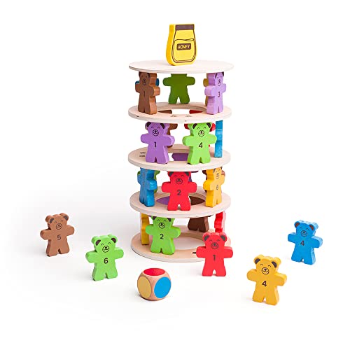 Bigjigs Toys Teddy Tumbling Tower Game - 49 Piece Stacking Tower for 3+ Years, Colourful Balancing Puzzles, Quality Wooden Stacking Toys & Montessori Toys for Kids