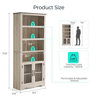 LINSY Bookshelf with Doors, 6 Shelf Bookcase Tall Bookshelves, 73" Farmhouse Book Shelf with Storage Cabinet, Wood Book Shelves for Living Room, Bedroom, Office, Rustic White - color: White