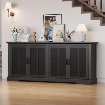 Bigbiglife 70.2" Wood Buffet Cabinet, Farmhouse Buffet Sideboard Cabinet with 4 Doors and Adjustable Shelves, Coffee Bar Wine Bar Storage Cabinet for Kitchen, Living Room, Black - color: Black