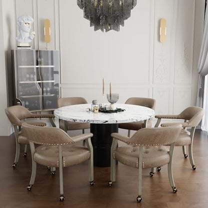 Set of 4 Dining Chair with Casters, Accent Captains Chairs with Wheels & Arms,Wheeled Roller Wood Chairs for Kitchen & Game Poker Table,Antique Grey&Light Wheat(NO Table!) - color: Antique Grey&light Wheat