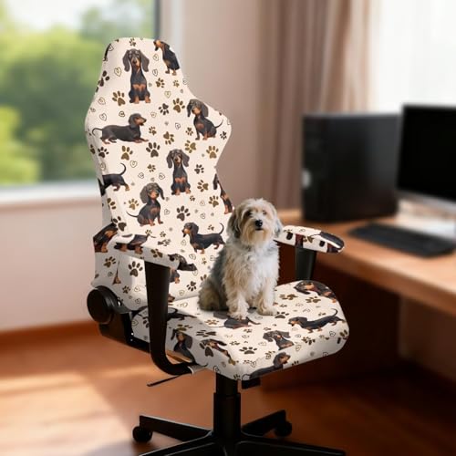 Suobstales Dachshund Paw Heart Pattern Gaming Chair Covers Slipcovers with Armrest Covers, Stretch Game Computer Office Desk Chair Cover Protector, Soft Fabric Rotating Armchair Covers, Without Chair - color: Dachshund Paw Heart