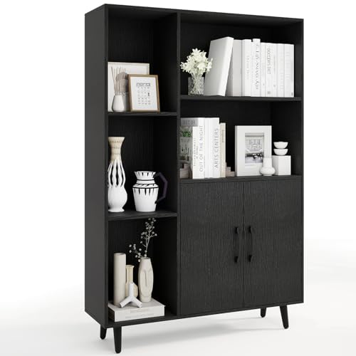 Giantex 47" Storage Cabinet, Bookcase with 2 Doors, 5 Open Shelves, Metal Legs, Anti-tip Kits, Pantry Cabinet, Floor Storage Organizer, Book Shelf for Entryway, Living Room, Office (Black) - color: Black