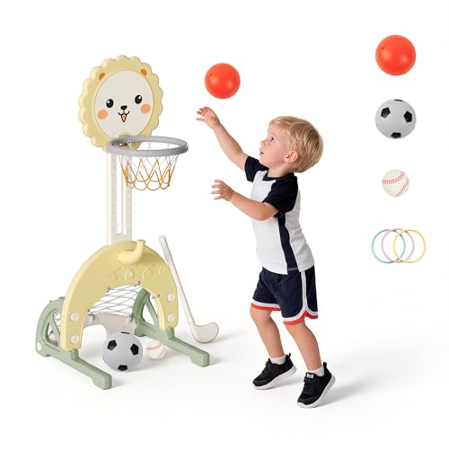 4-in-1 Toddler Basketball Hoop Indoor Adjustable Height Outdoor Sports Center for Kids Basketball, Soccer, Hockey & Ring Toss, Yellow and Green - color: Green and Yellow