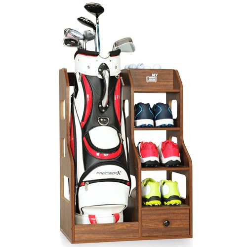 Mythinglogic Wooden Golf Bag Storage Rack, Golf Organizer with Shoe Shelves, Ball Holder & Drawer, MDF Golf Equipment Storage Cabinet for Home, Garage or Simulator Room - size: 1 golf bag rack-Brown