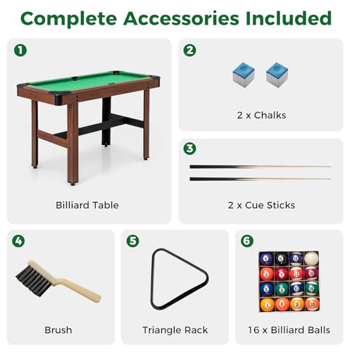 GYMAX Pool Table, 48 Inch Wooden Billiard Tables with 16 Balls, 2 Cue Sticks, 2 Chalks and Brush, Snooker Table Mini Pool Table for Kids, Family, Party - color: Green
