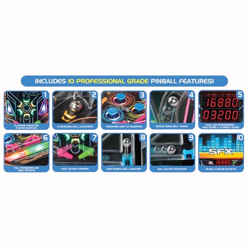 Merchant Ambassador Electronic Arcade Pro Pinball - Light & Sound Tabletop Game, Dual LED Scoreboard, 10 Professional-Grade Features, Adults Kids Age 6+