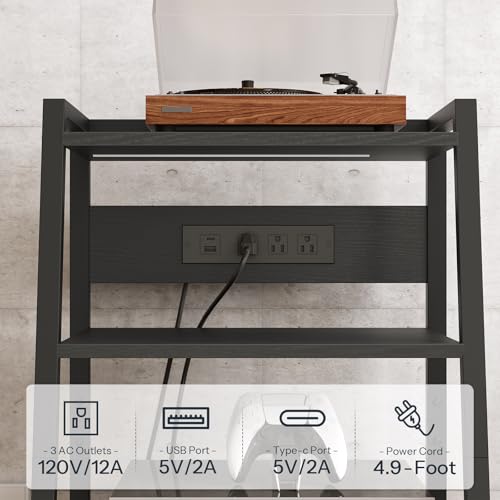 HOOBRO 4-Tier AV Media Stand with Charging Station and LED Light, Wooden Stereo Cabinet, Game Console Stand, Media Audio Tower Rack, Record Player, Small Entertainment Center, Black BB106UDCJ01
