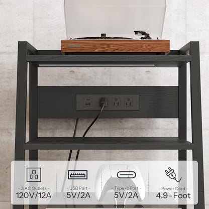 HOOBRO 4-Tier AV Media Stand with Charging Station and LED Light, Wooden Stereo Cabinet, Game Console Stand, Media Audio Tower Rack, Record Player, Small Entertainment Center, Black BB106UDCJ01