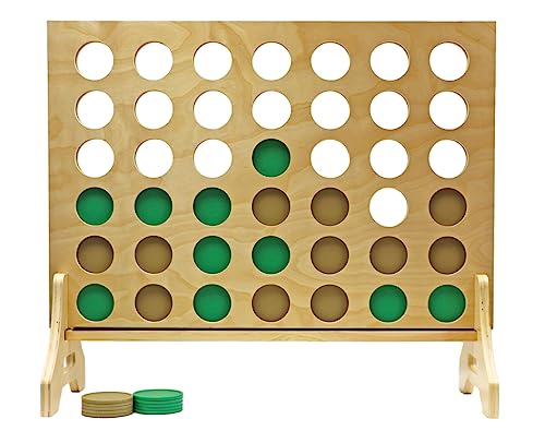 Giant 4 in a Row Game for Family & Adults – Tailgating Pros Jumbo Natural Wooden Four in a Row Indoor Outdoor Yard Game for Family Party Fun, Portable Activities for Patio, Backyard, and Camping - color: Kelly / Gold