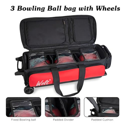 WOLT 3 Ball Bowling Bags with Wheels,Bowling Ball Bag 3 Ball Roller with Separate Shoe Compartment and Accessory Pocket, Retractable Handle Extends to 38’’ - color: red