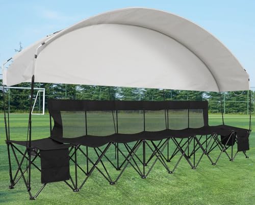 G GOOD GAIN Portable Soccer Bench with Canopy - Team Bench Soccer 6 Seats with Bag, Sideline Folding Bench, Folded Chair Seating 6 for Football Camp Outdoor Sport Events, Team Chairs for Adults, Black - color: Black, style: 6 Seats with Canopy