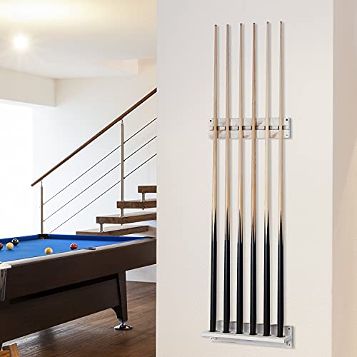 MyGift Vintage Whitewashed Wood Billiards Pool Stick Holder, Wall Mount Pool Cue Rack with Clips, Pool Table Organizer Accessories Set (Cue Rack Only), Holds up to 6 Cues