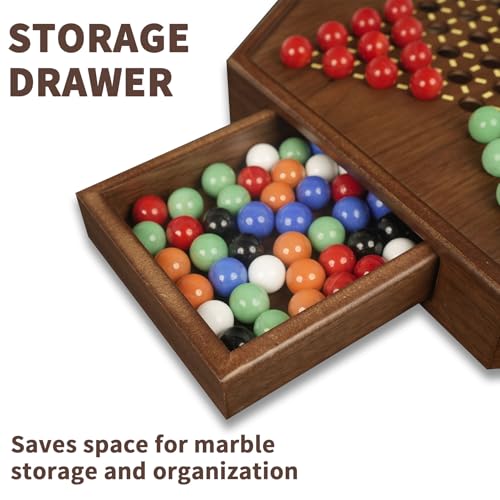 Chinese Checkers Board Game - 13” Large Wooden Checkers Game with Storage Drawer, 16mm Glass Marbles (60 + 12 Extras), Classic Family Strategy Game for 2-6 Players - size: 13"