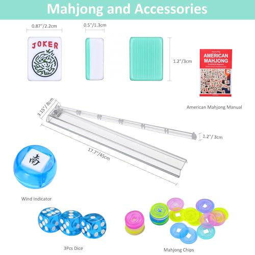 American Mahjong Game Set, 166 Light Green Tiles, 4 All-in-One Transparent Racks/Pushers, Complete Mahjong Tile Set, Light Blue Carrying Bag - color: Light Blue