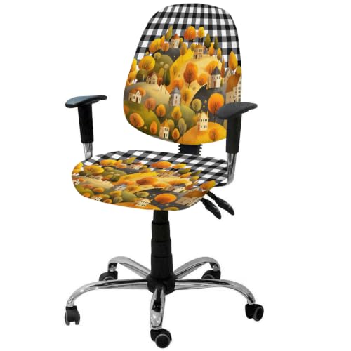 Savannan Office Chair Cover, Watercolor Hills House Protective Stretch Elastic Universal Cover for Desk Task Chair,Computer Rotating Chair 1 Pcs Autumn Trees on Black White Check