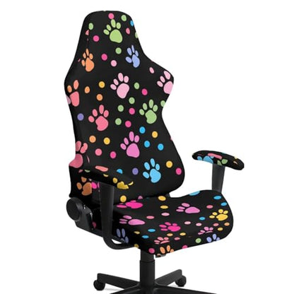 Stretchable Office Chair Covers with Armrest Covers Colorful Paw Prints Gaming Chair Cover Cat Scratch Proof Spandex Rotating Boss Chair Slipcovers Easy to Install with Long Zipper - color: Colorful Paw Prints
