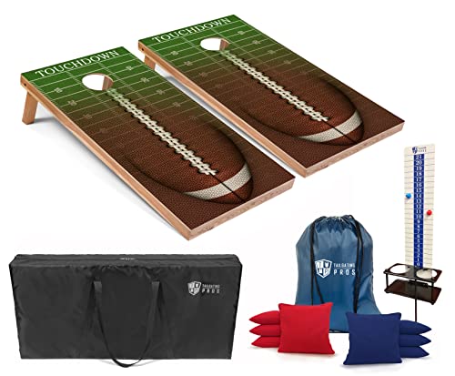 Tailgating Pros Cornhole Boards - 4'x2' Regulation Boards w/Carrying Case, Score Keeper, & Set of 8 Corn Filled Bags w/Tote - size: 4'x2' Boards, style: Football