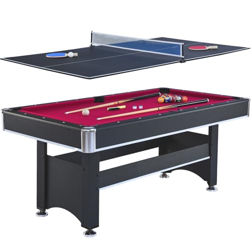 6 ft Pool Table with Table Tennis Top - Black and Red, Space-Saving, Ages, Elegant Design
