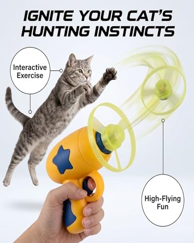 Bamboo Dragonfly Catapult Pistol, Bamboo Dragonfly Catapult Launcher, Flying Disc Launcher Toy with LED Glow, Interactive Play for Cats & Outdoor Fun, Exercise & Night Activity (Yellow) - color: Yellow