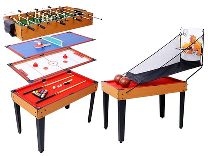 5-in-1 Multi-Game Table - Billiards, Push Hockey, Foosball, Ping Pong, and Basketball Brown/red