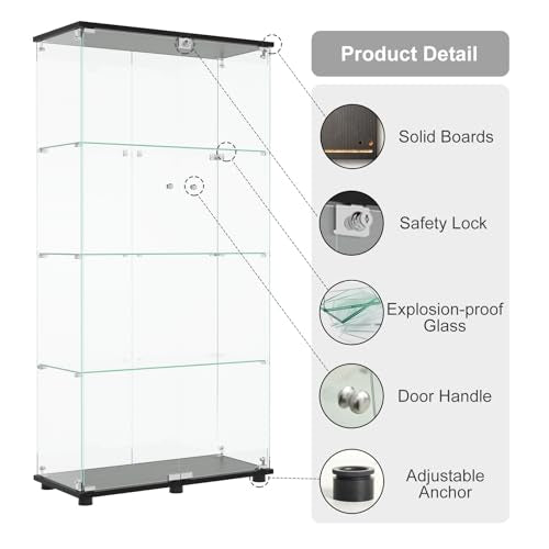Glass Display Cabinet with 4-Shelf Double Doors and Lock, Curio Cabinet 5mm Tempered Glass Floor Standing Bookshelf for Living Room, Bedroom, Office, 64 x 31.7 x 14.3 in, Black - size: 2-Door 4-Shelf