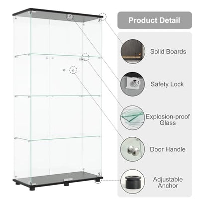 Glass Display Cabinet with 4-Shelf Double Doors and Lock, Curio Cabinet 5mm Tempered Glass Floor Standing Bookshelf for Living Room, Bedroom, Office, 64 x 31.7 x 14.3 in, Black - size: 2-Door 4-Shelf