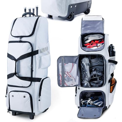Rolling Baseball Bag With Wheels, Seperate Shoe Compartment and Fence Hook - Large Softball Bag for T-Ball - Team Equipment Duffle Bag - Catcher Gear Bag for Boys 8-12, Youth, Adults - color: White
