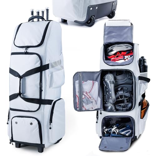 Rolling Baseball Bag With Wheels, Seperate Shoe Compartment and Fence Hook - Large Softball Bag for T-Ball - Team Equipment Duffle Bag - Catcher Gear Bag for Boys 8-12, Youth, Adults - color: White