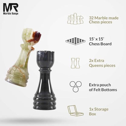 Marble Chess Set 15" Inches Black and Green with Storage Box and 2 Extra Queen Handmade Luxury Board Games for Adults, Ideal Marble Chess Board Game Set & Chess Pieces - color: Black & Green Onyx