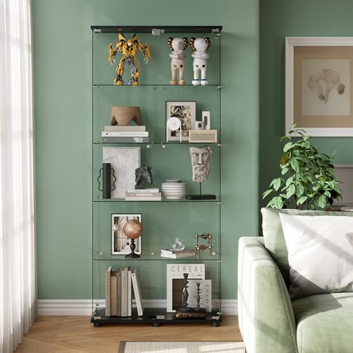 Glass Display Cabinet with 5-Shelf Double Doors and Lock, 5mm Tempered Glass Floor Standing Bookshelf for Living Room, Bedroom, Office, 72 x 32 x 14 in, Black - size: 72 x 32 x 14 in -5-Tier